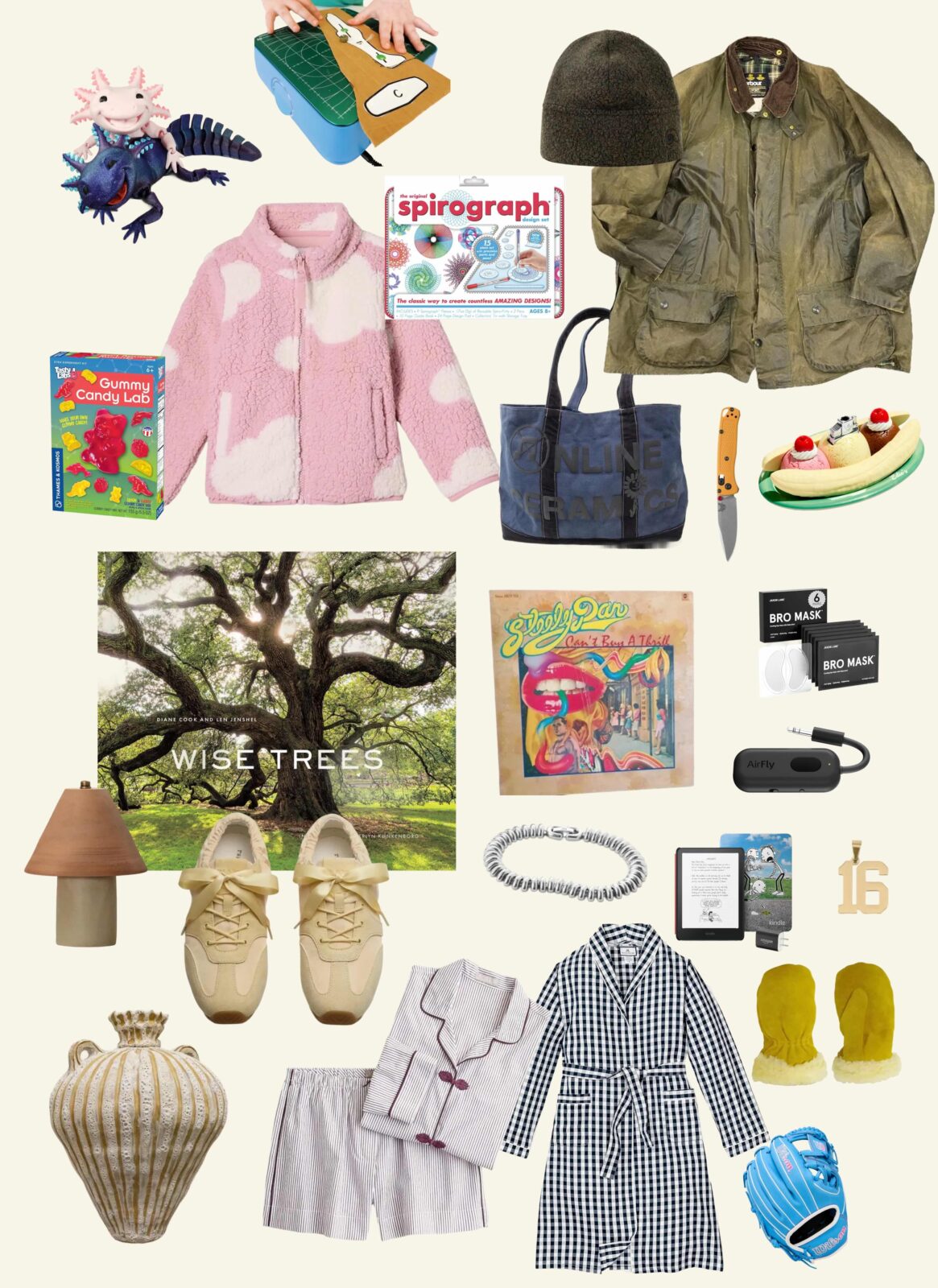 A collage featuring holiday gifts for family members of all ages