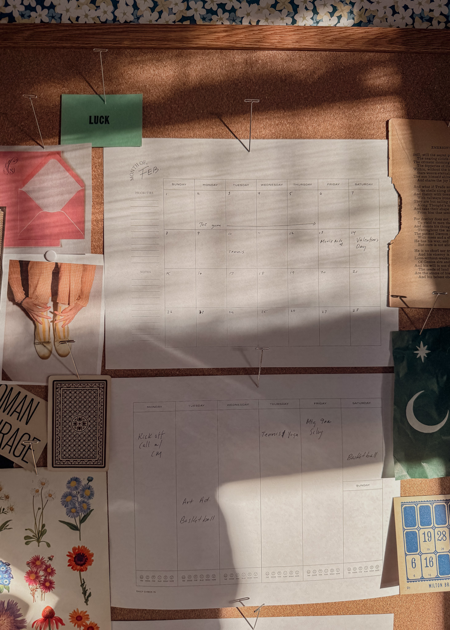 The printable Wit & Delight monthly and weekly planner pages hang on a bulletin board in a home office that's drenched in afternoon sunlight