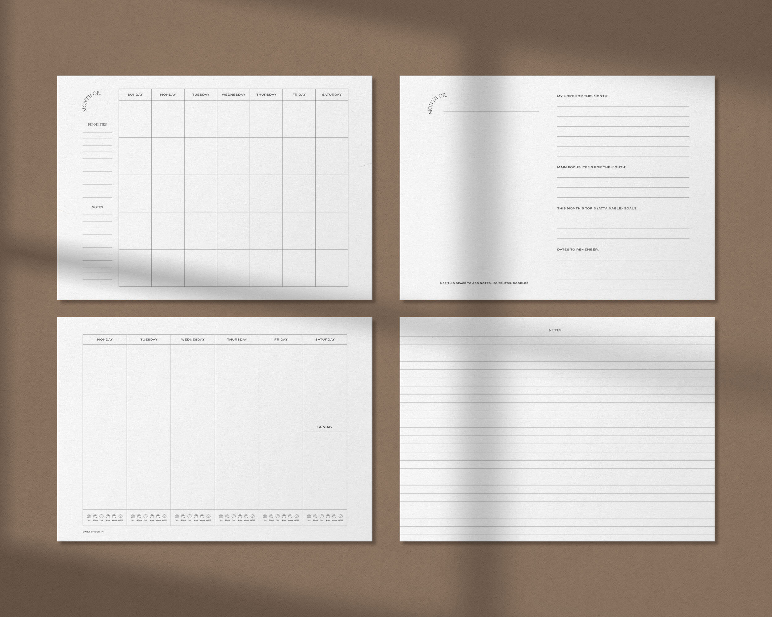 Wit & Delight planner pages for monthly, weekly, and daily planning, as well as goal setting and notes pages.