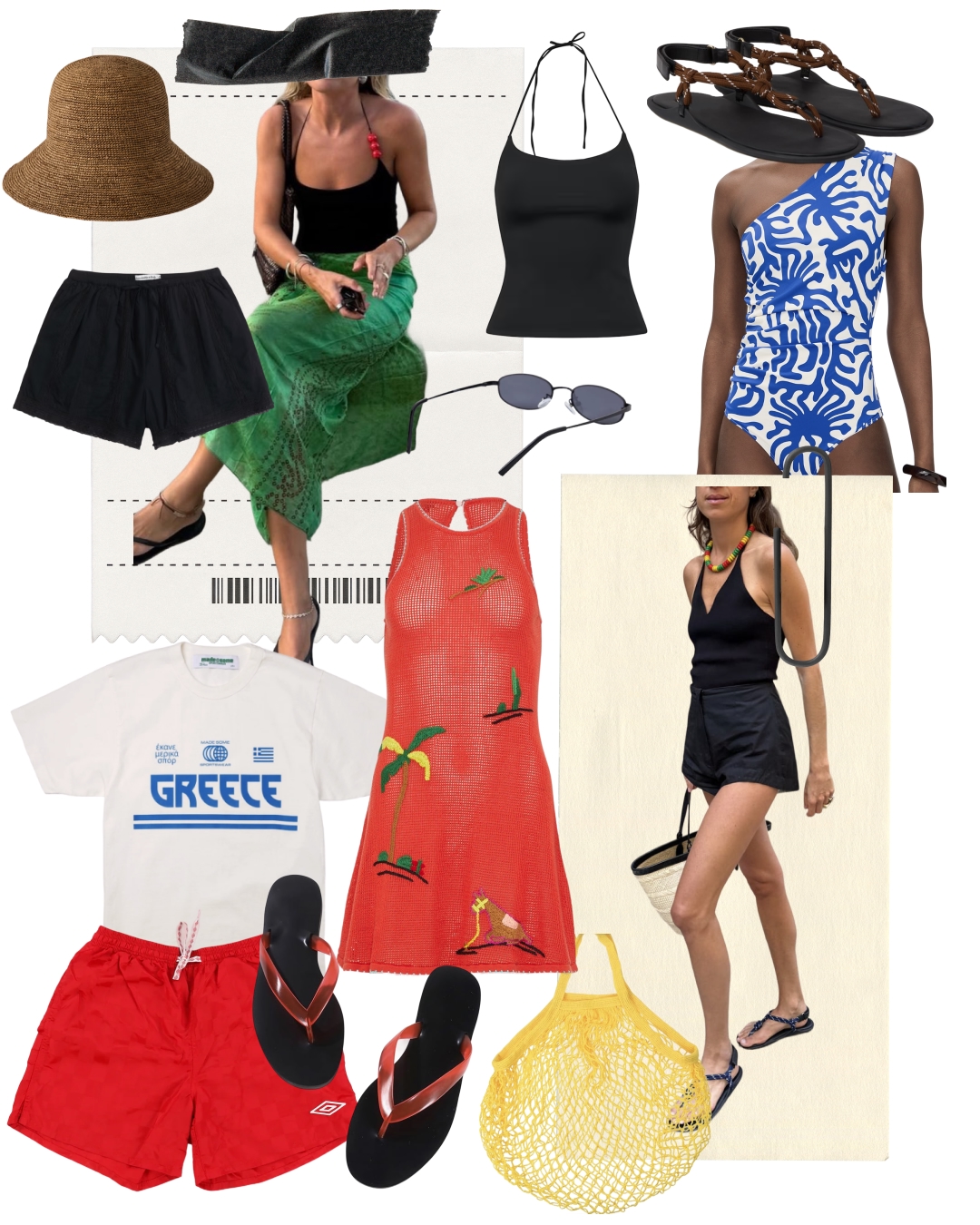 Pieces on a spring break packing list, including linen shorts, a blue patterned swimsuit, a yellow mesh bag, and a black halter top