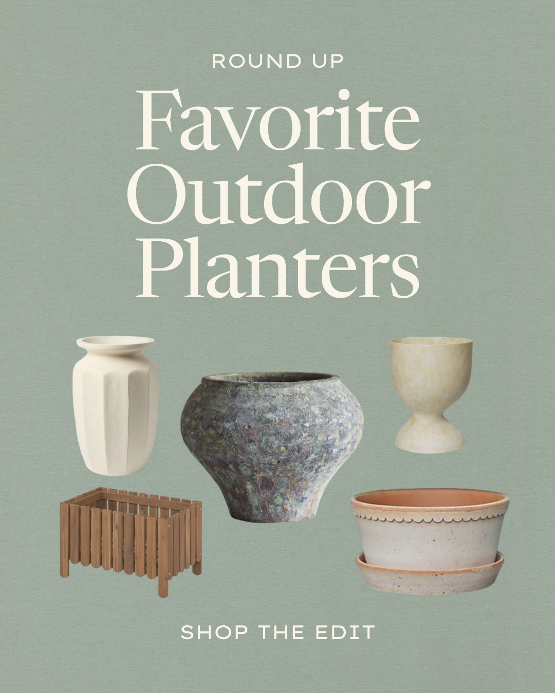 A graphic featuring images of five outdoor planters in a mix of materials and colors