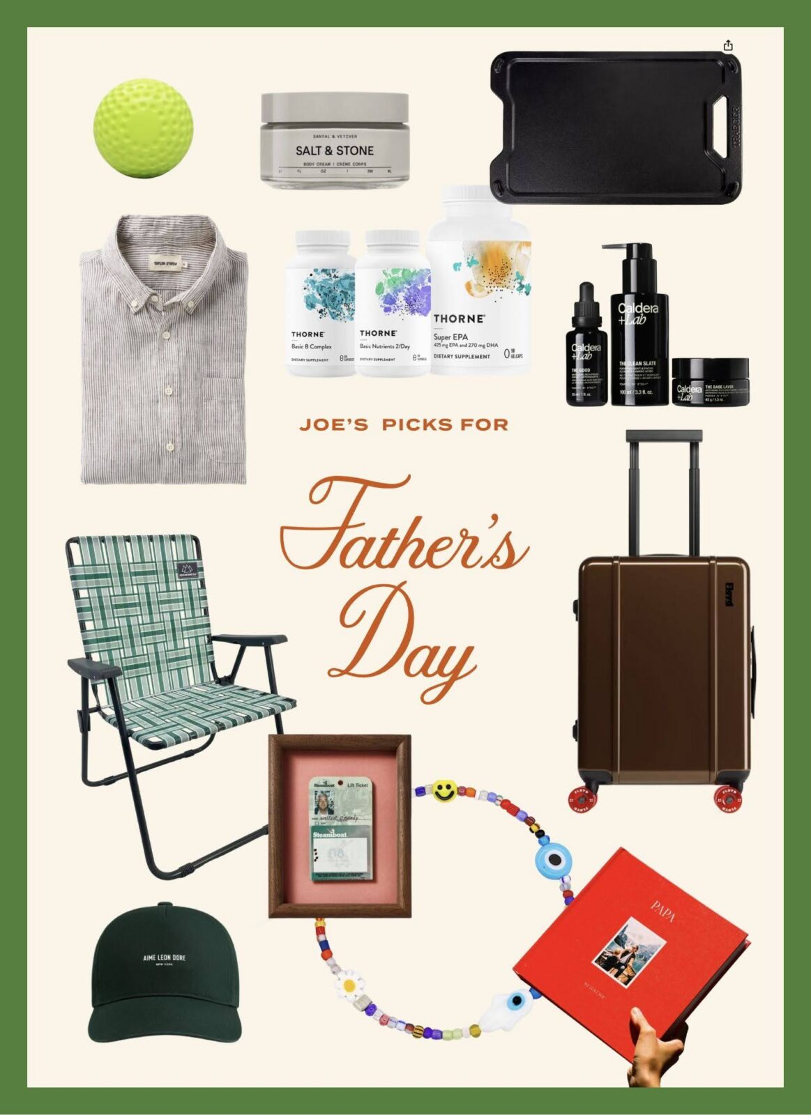 12 product images featuring father's day gift ideas, from a striped linen shirt to a skincare set for men to a retro folding chair to stylish luggage