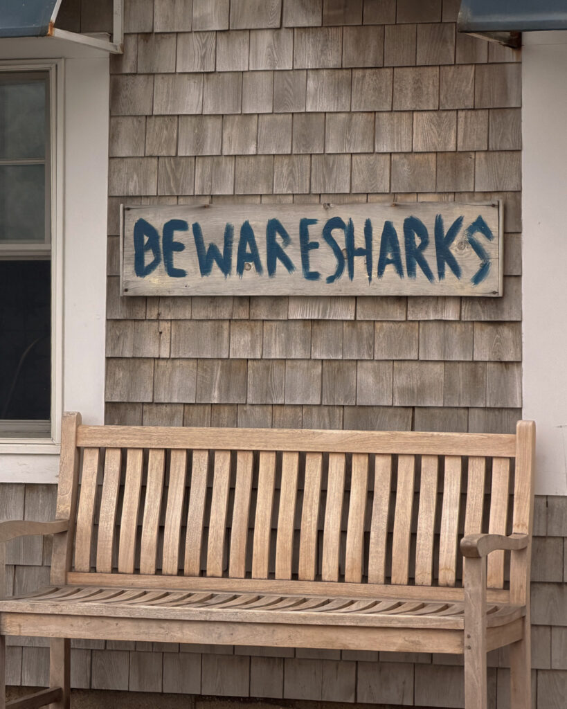 beware sharks sign on the side of a building in martha's vineyard